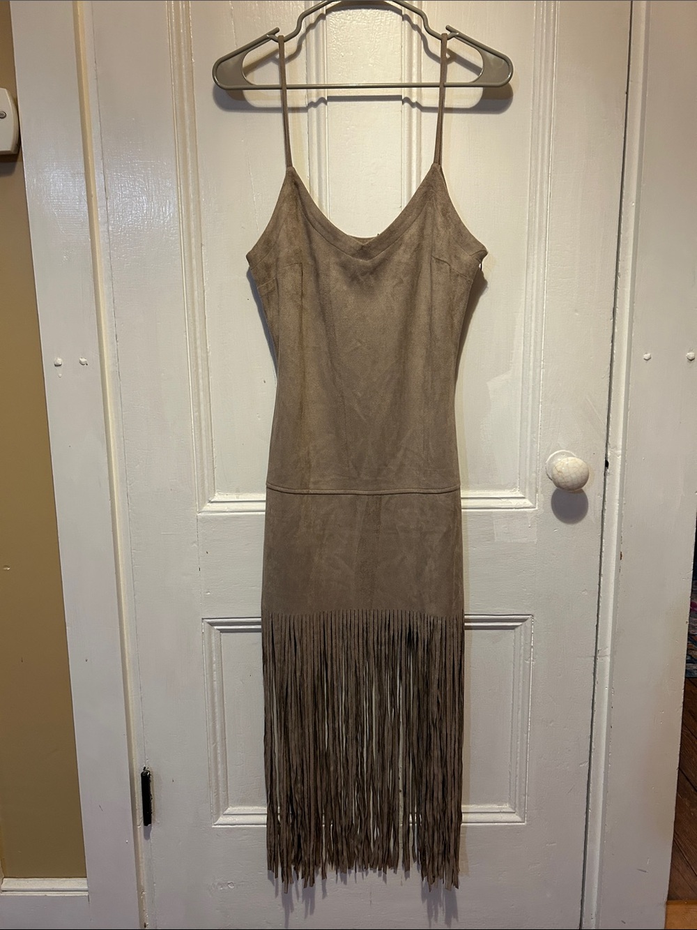 Lord & Taylor Taupe Suede Fringe Mini/Midi Dress